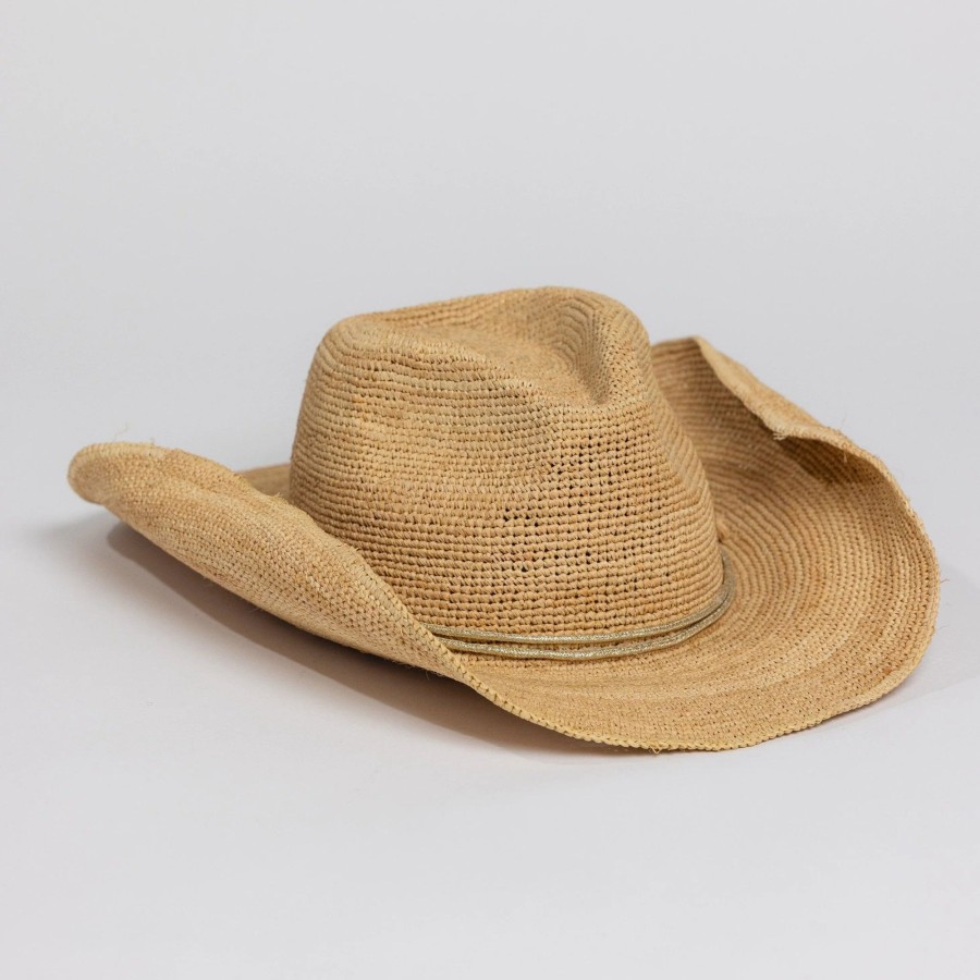 Accessories Hat Attack Hats | Raffia Crotchet Cowboy Hat Natural/Gold